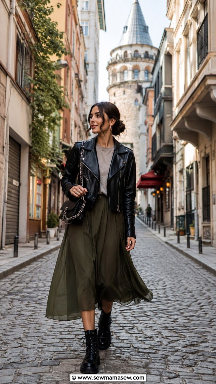 Leather jacket with midi skirt Istanbul fall street style outfit - 30 Istanbul outfit ideas