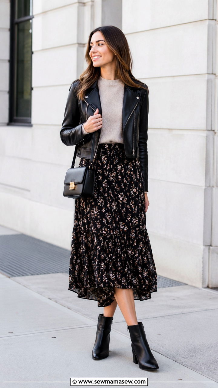 Leather jacket with midi skirt and ankle boots - 25 seasonal office outfit ideas