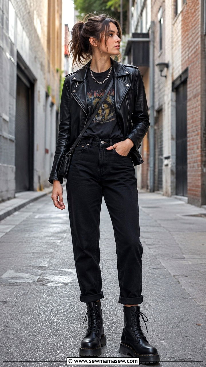 Leather jacket with mom jeans and combat boots - 30 How to style mom jeans