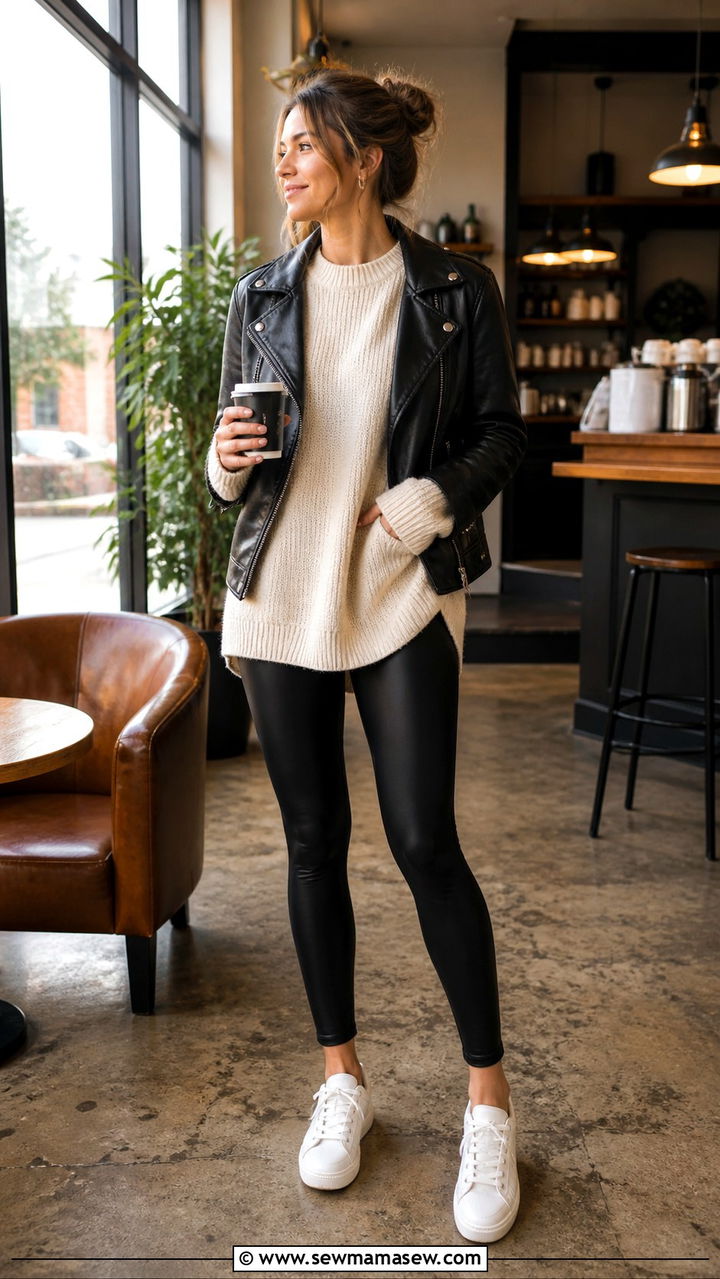 Leather jacket with oversized sweater and leggings - 40 leather jacket outfit ideas
