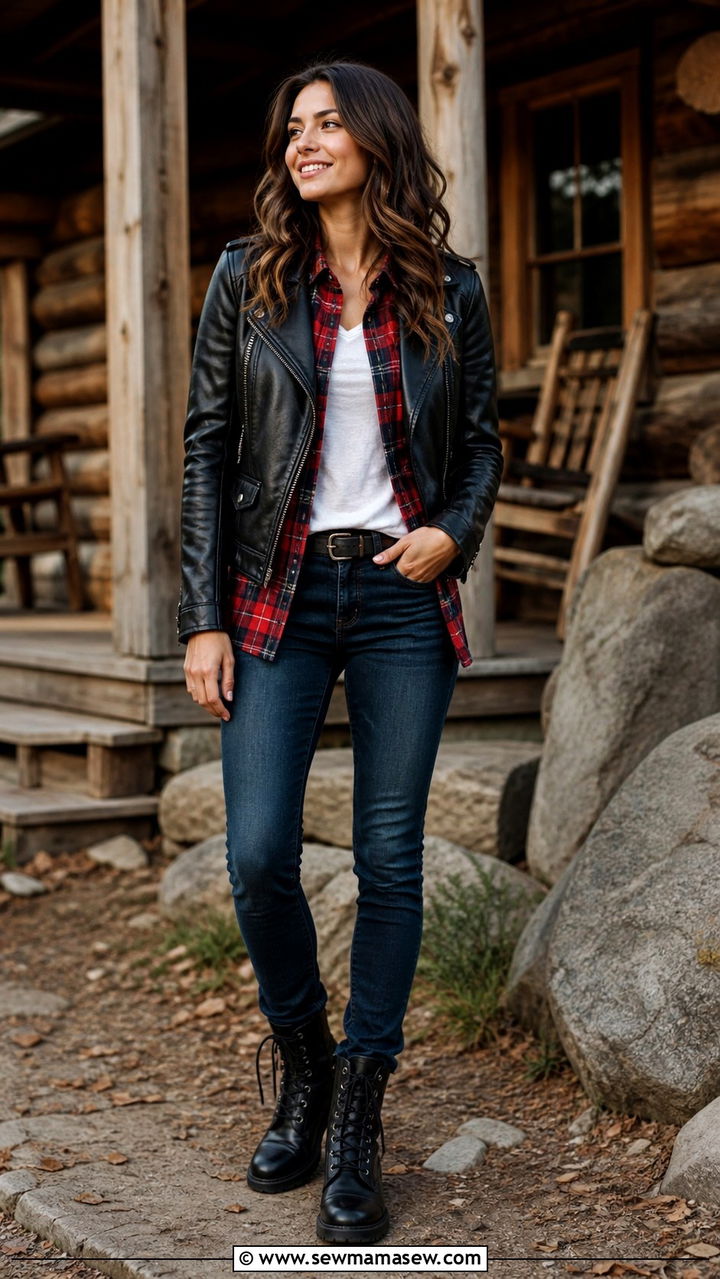 Leather jacket with plaid shirt and jeans - 40 leather jacket outfit ideas