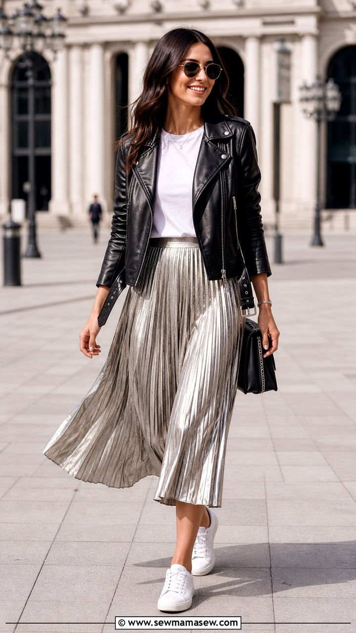 Leather jacket with pleated midi skirt and sneakers - 40 leather jacket outfit ideas