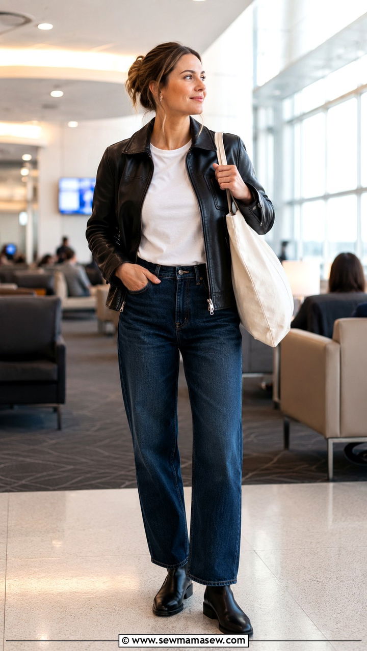 Leather jacket with relaxed jeans travel outfit - 30 chic travel outfits for women