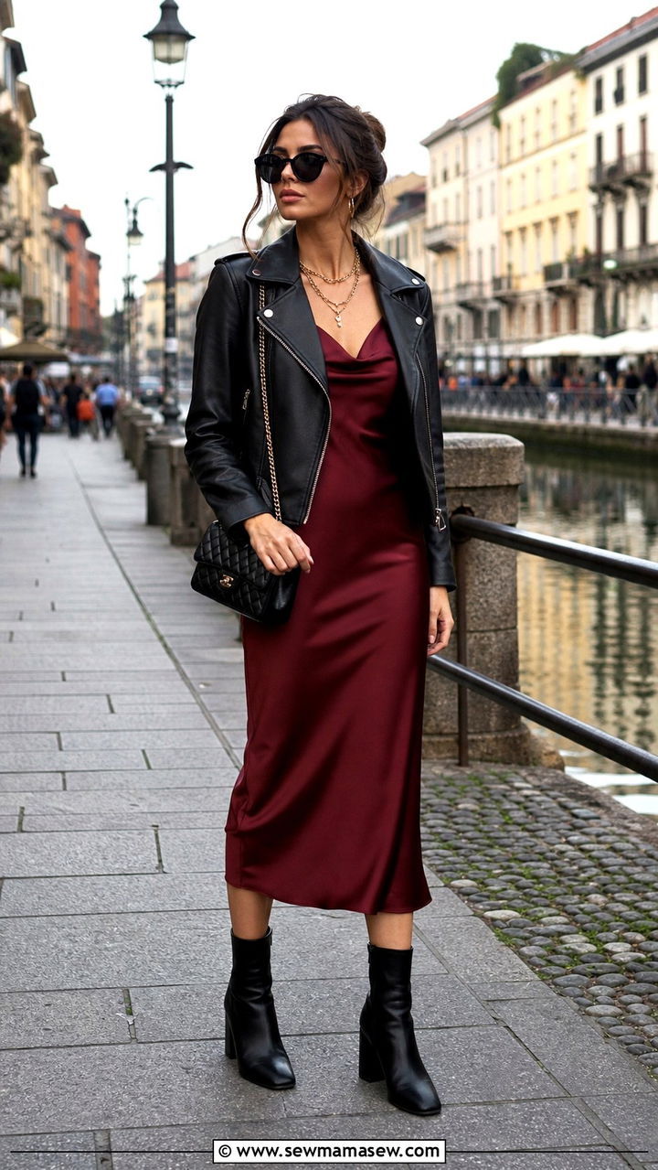 Leather jacket with satin midi dress - 40 Italy outfits