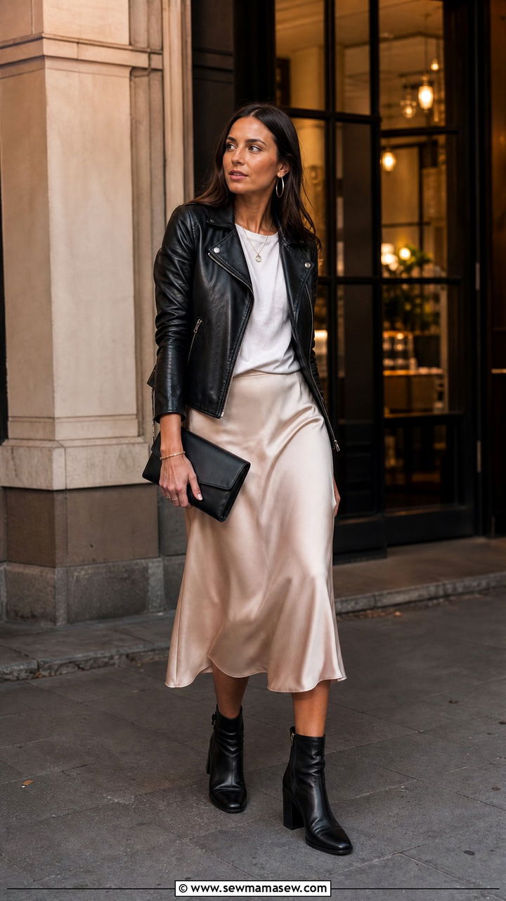 Leather jacket with satin midi skirt and ankle boots - 25 Polished spring outfit ideas 2026
