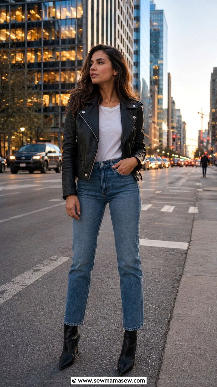 Leather jacket with straight leg jeans outfit - 30 Outfit ideas for athletic build