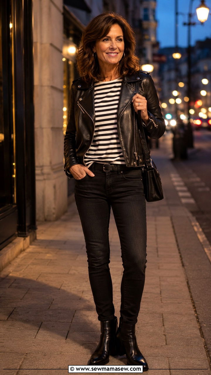 Leather jacket with striped tee and slim jeans - 30 parisian outfit ideas for women over 40