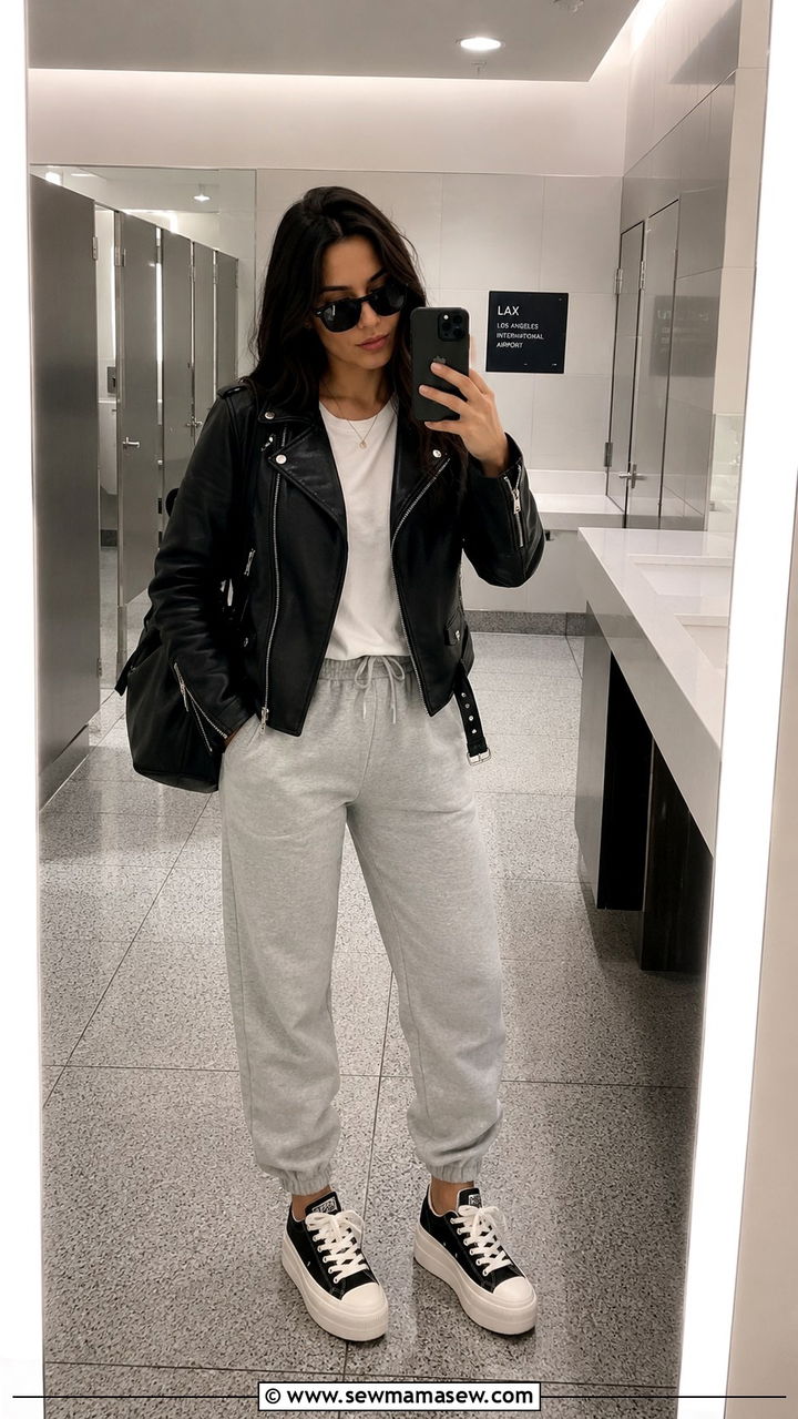 Leather jacket with sweatpants airport look - 25 Airport outfit ideas with sweatpants
