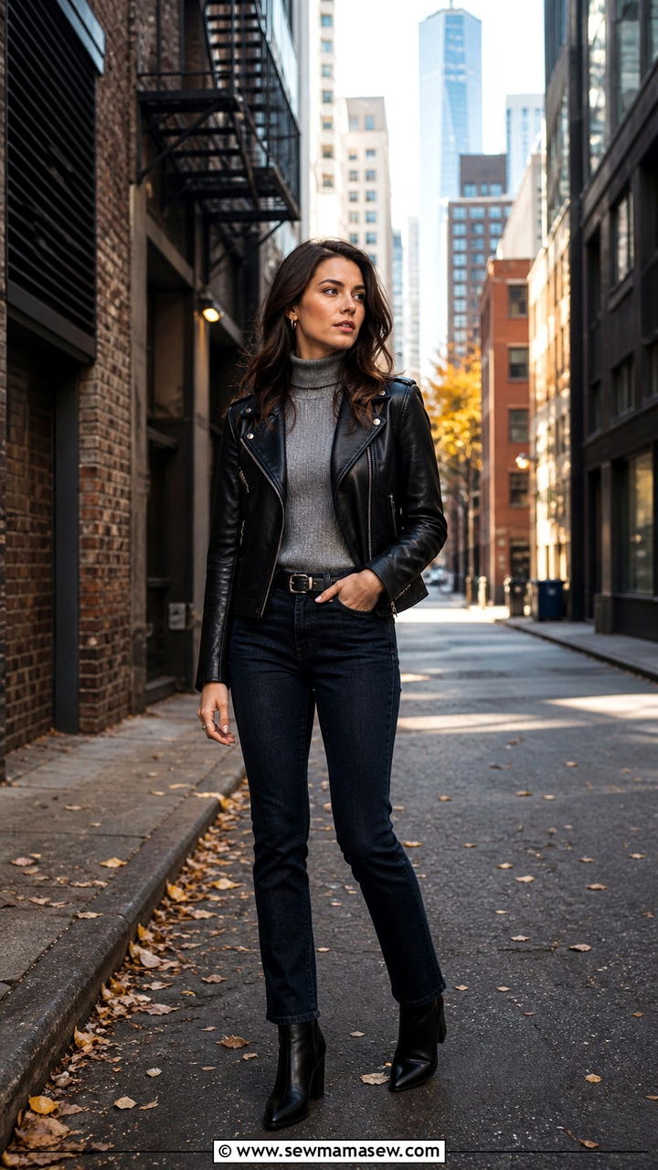Leather jacket with turtleneck and jeans - 40 What to wear in Chicago
