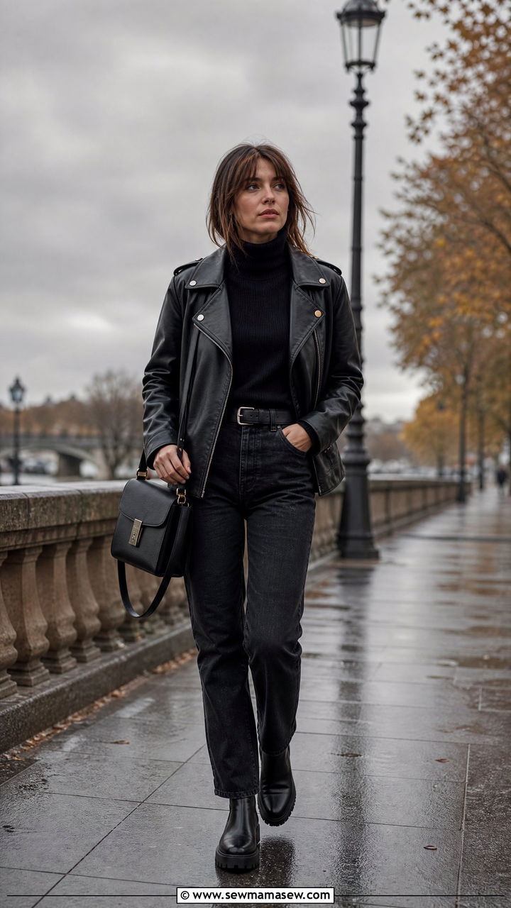Leather jacket with turtleneck - 25 spring rainy day outfit ideas