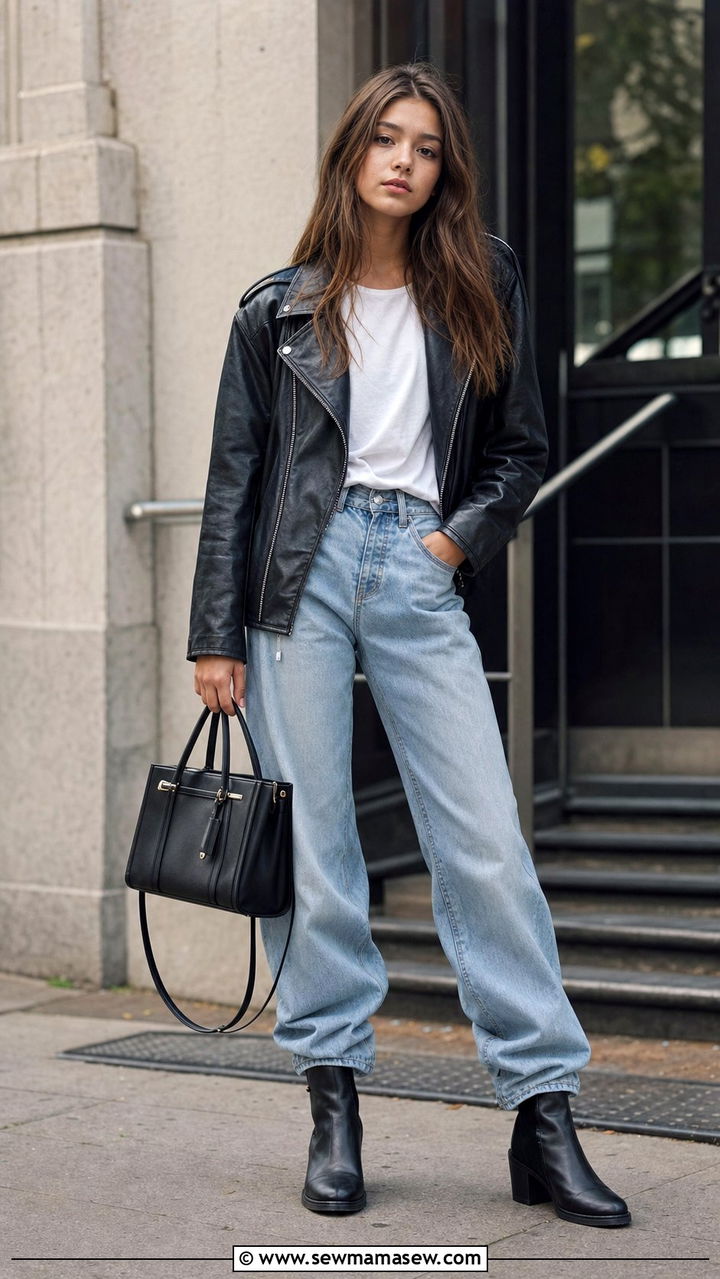 Leather jacket with white tee and baggy jeans outfit - 35 Back to school outfit ideas 12th grade