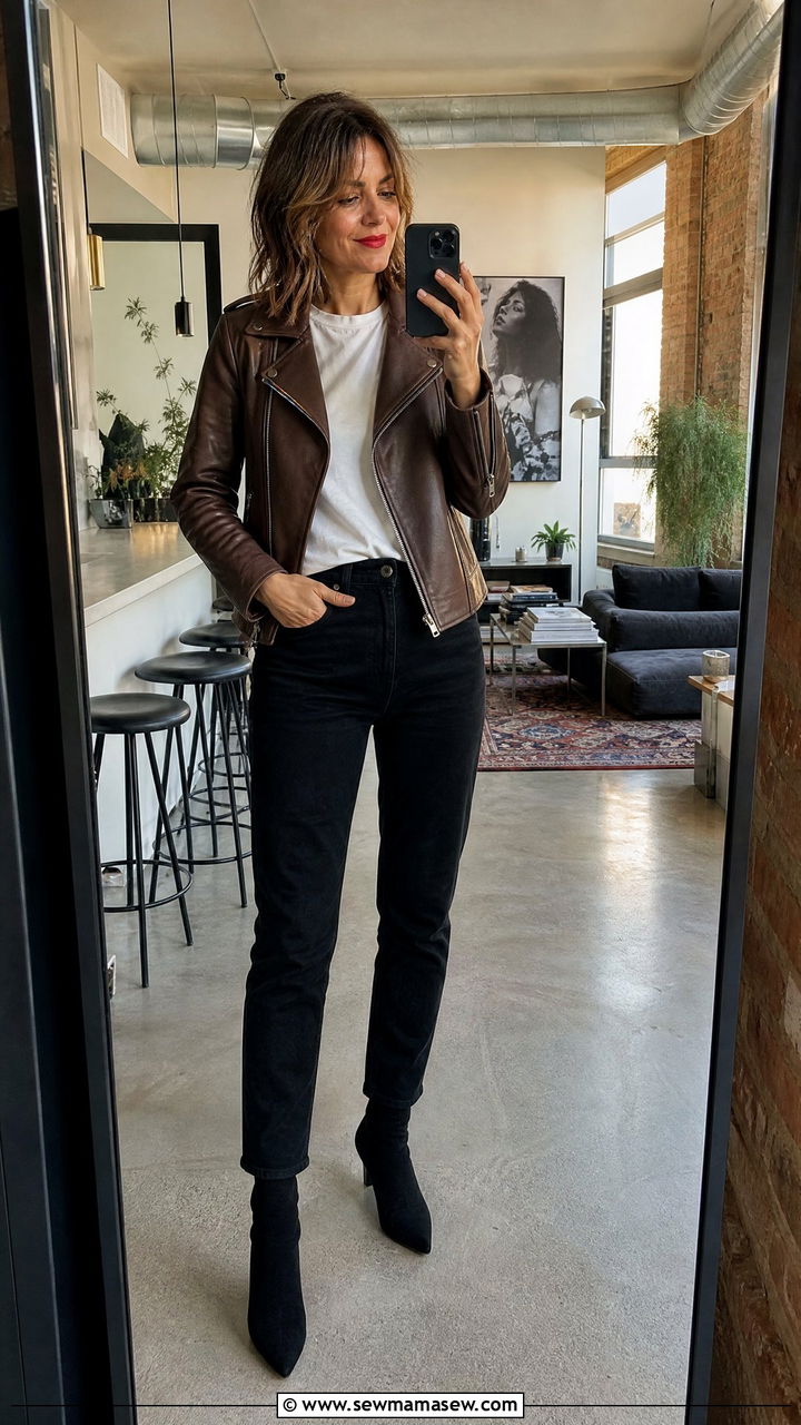 Leather jacket with white tee and black jeans - 35 French girl outfit ideas for women over 40
