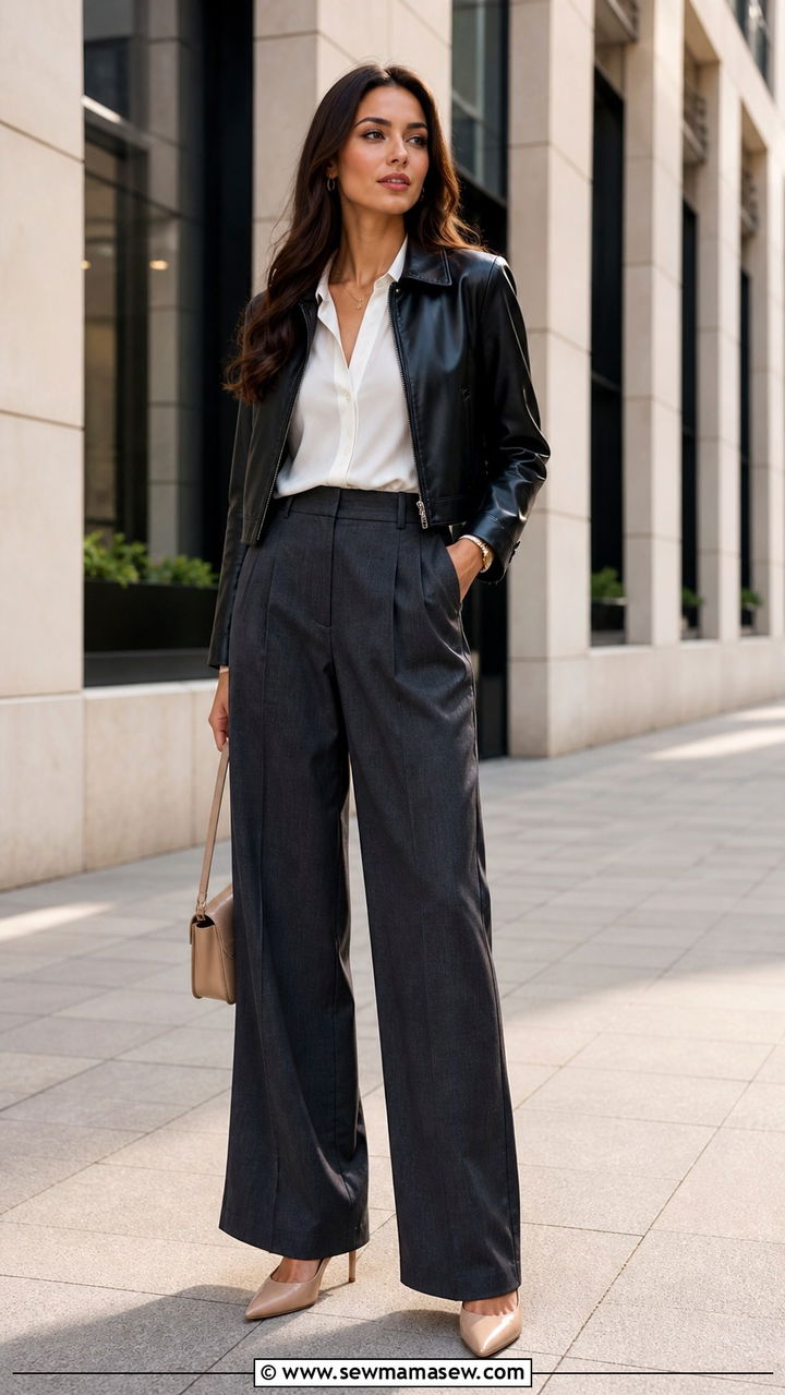 Leather jacket with wide leg trousers and pointed toe pumps - 40 leather jacket outfit ideas