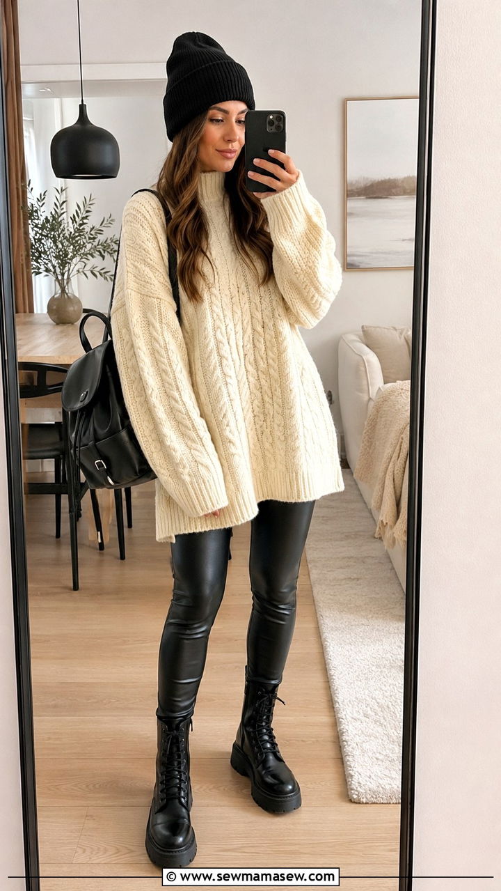 Leather leggings with oversized sweater and combat boots - 25 Scandinavian cozy outfit ideas