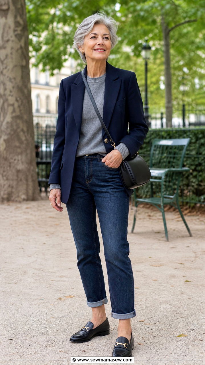 Leather loafers with cuffed boyfriend jeans - 30 French girl outfit ideas for women over 60