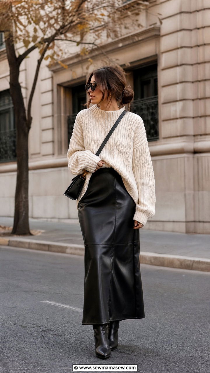 Leather maxi skirt with chunky sweater - 25 chic maxi skirt outfit ideas
