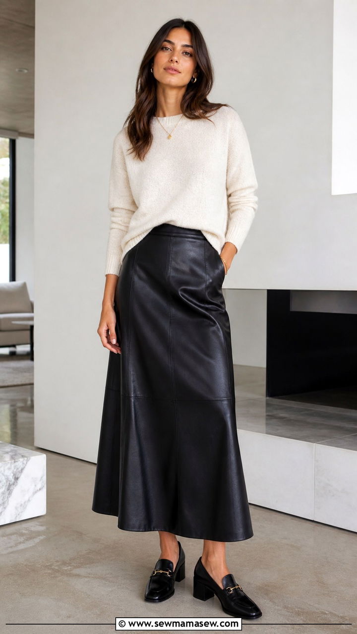 Leather maxi skirt with knit sweater outfit - 40 maxi skirt outfit ideas