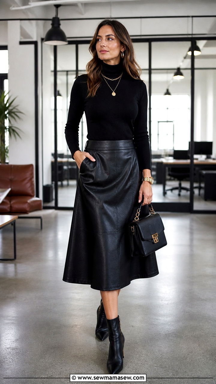 Leather midi skirt with black turtleneck - 40 classy office outfits