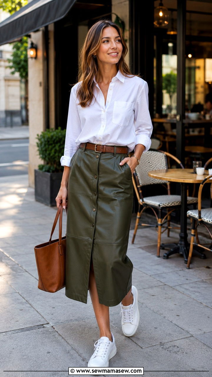 Leather midi skirt with button down shirt and sneakers - 30 Leather skirt outfit ideas with sneakers