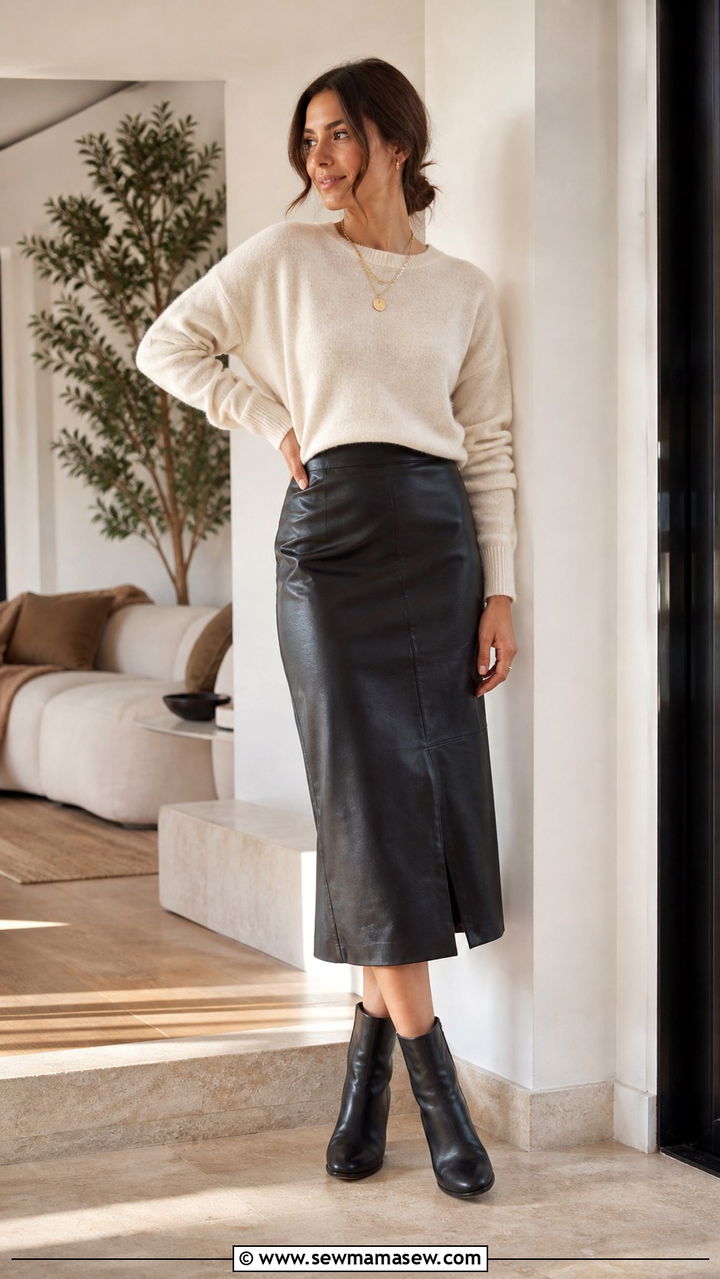 Leather midi skirt with cashmere sweater and ankle boots - 20 50th birthday outfit ideas