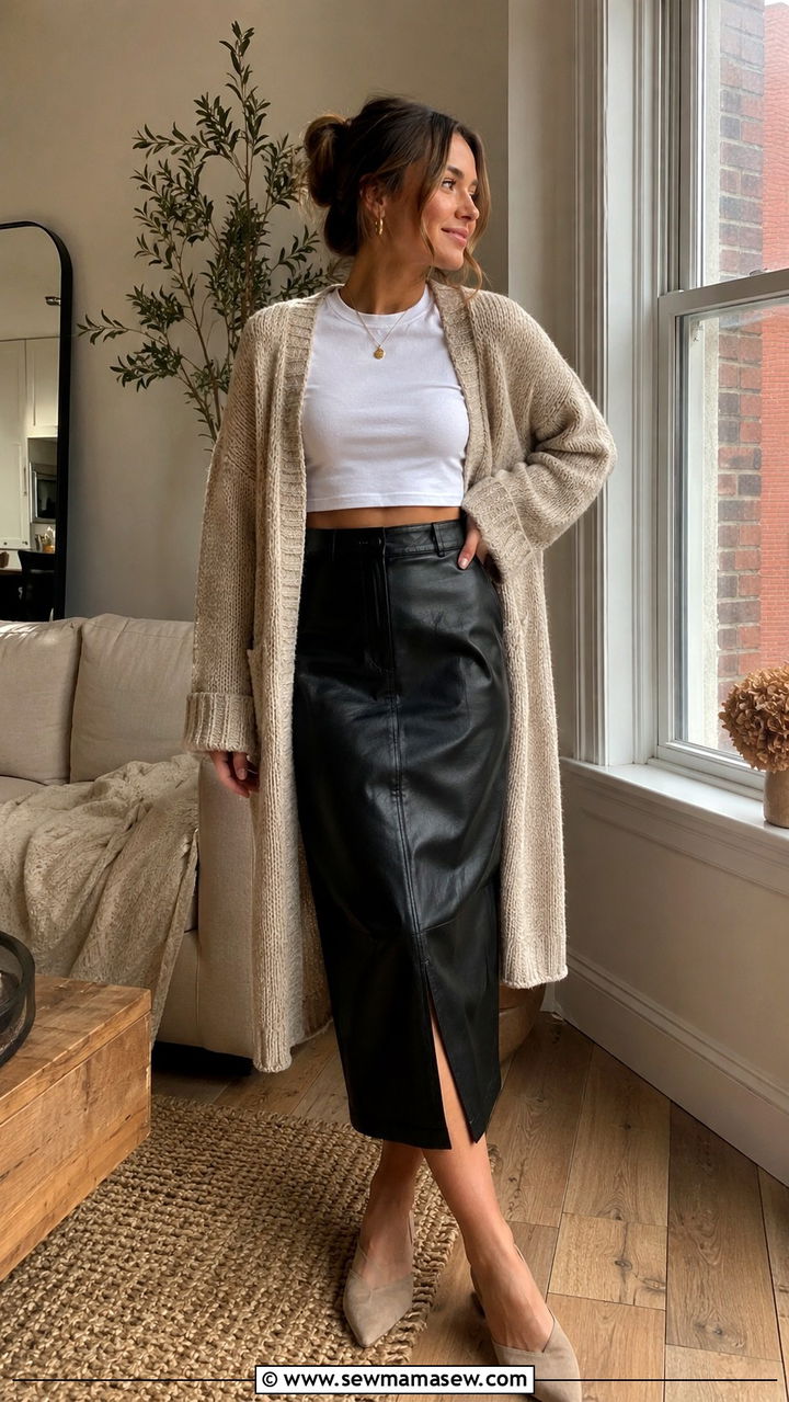 Leather midi skirt with cropped tee and cardigan - 30 Leather skirt outfit ideas with a tee