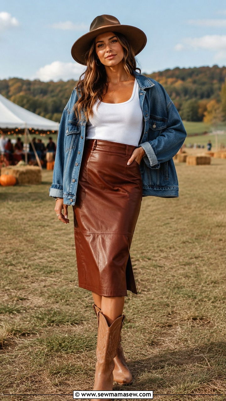 Leather midi skirt with denim jacket and cowboy boots - 30 Leather skirt outfit ideas with boots