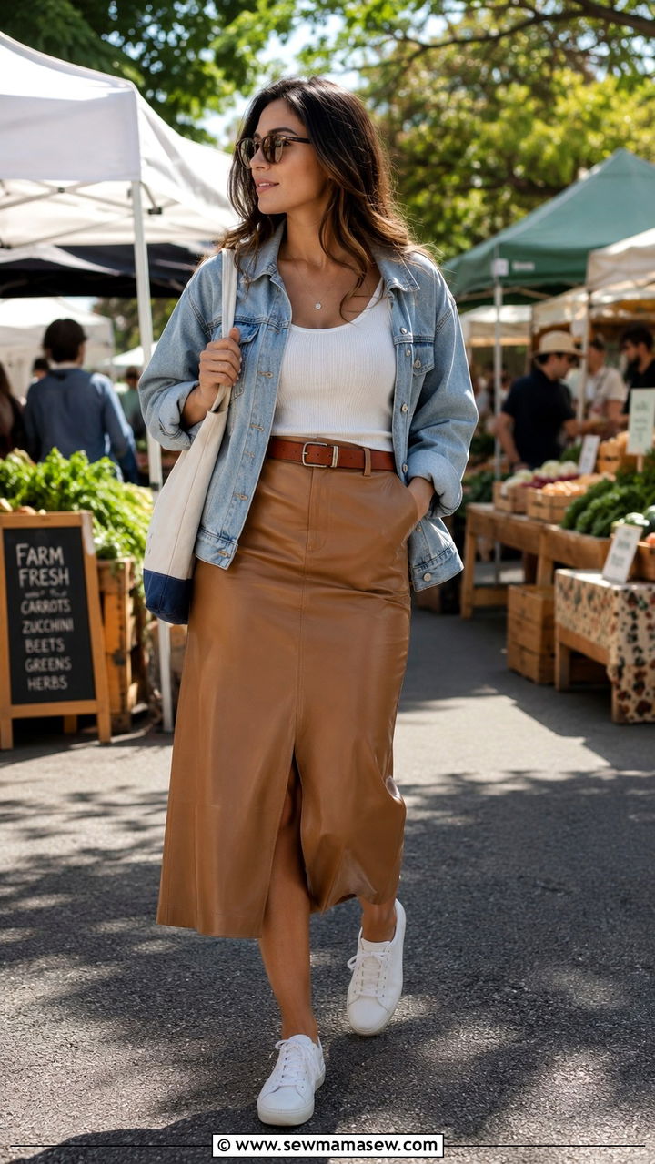 Leather midi skirt with denim jacket and sneakers - 30 Leather skirt outfit ideas with sneakers