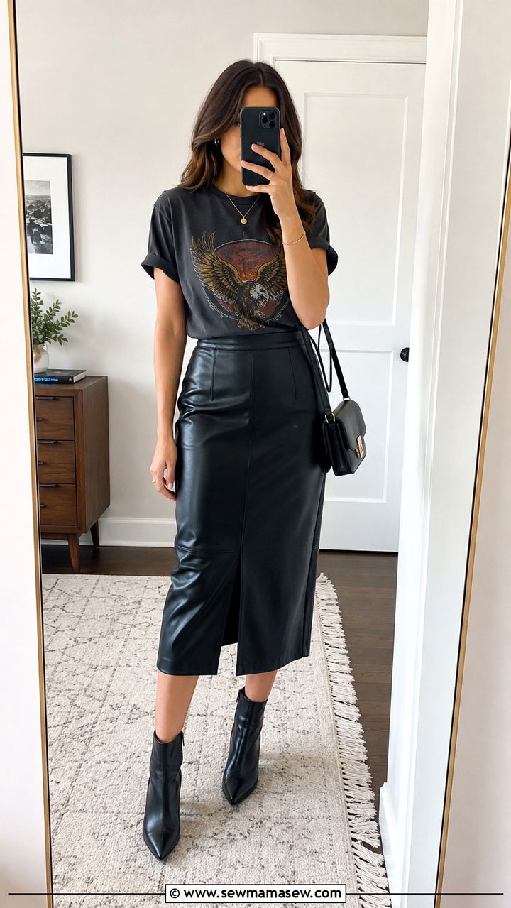 Leather midi skirt with graphic tee and ankle boots - 30 Leather skirt outfit ideas with a tee