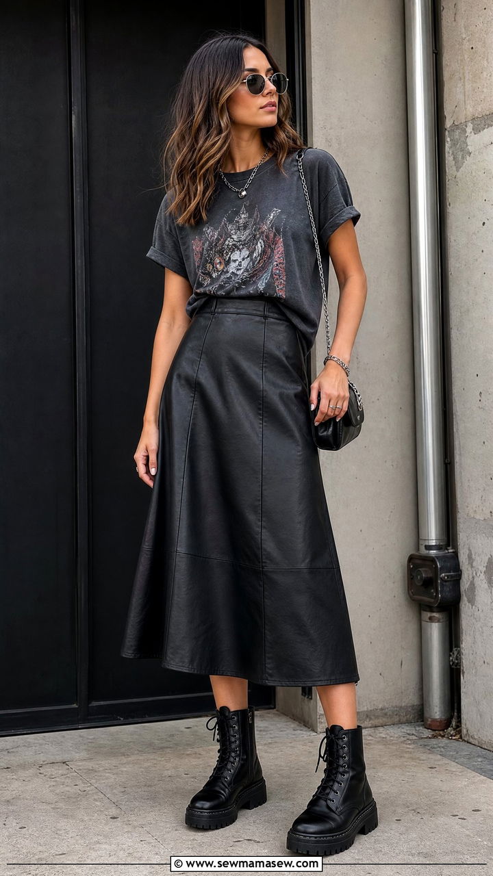Leather midi skirt with graphic tee and combat boots - 25 chic midi skirt outfit ideas