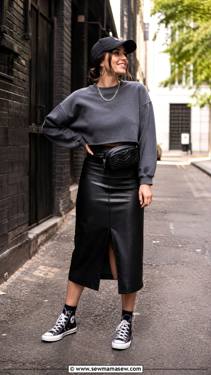 Leather midi skirt with high top sneakers - 30 Leather skirt outfit ideas with sneakers