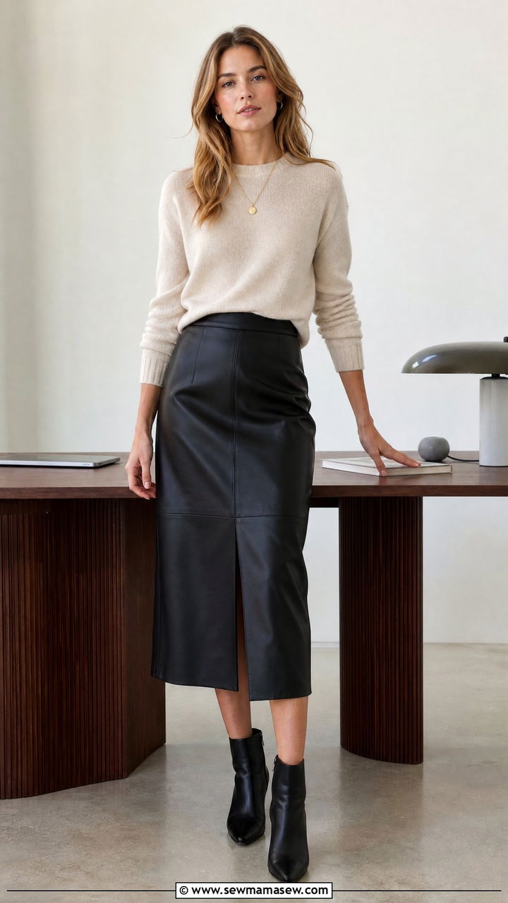 Leather midi skirt with knit office look - 30 Stylish office outfit ideas