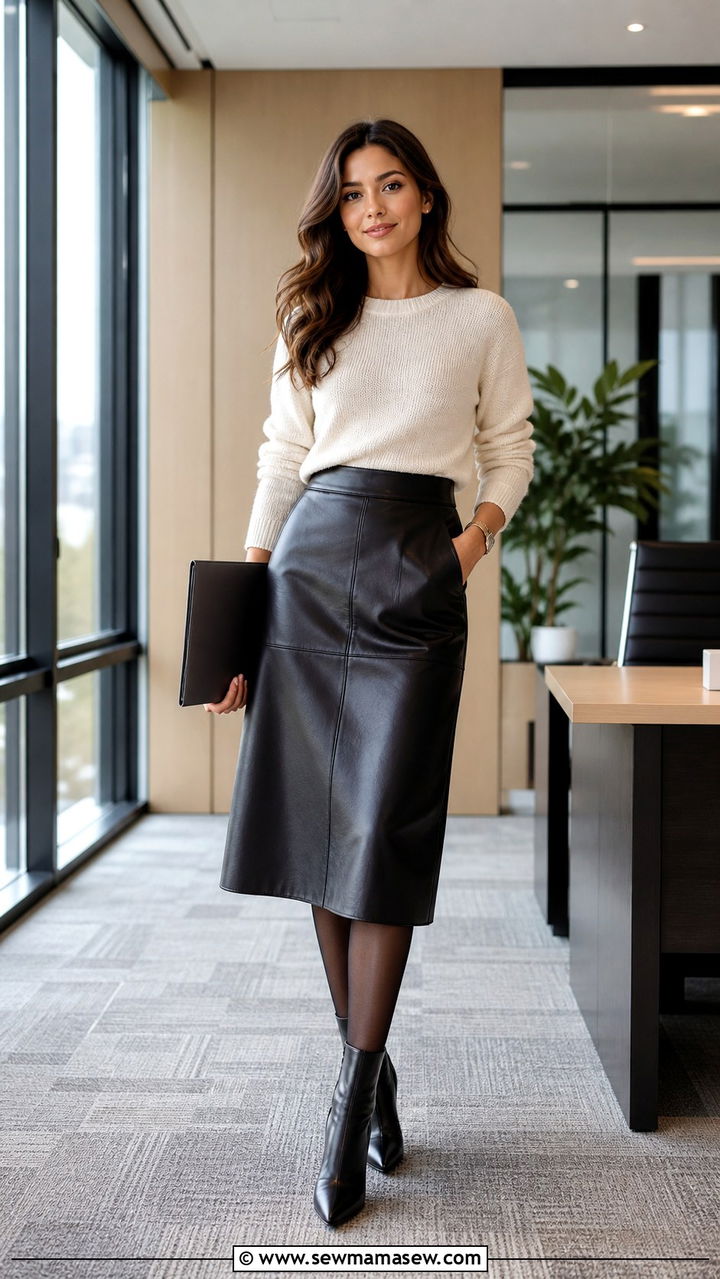 Leather midi skirt with knit sweater outfit - 40 office outfits 2026