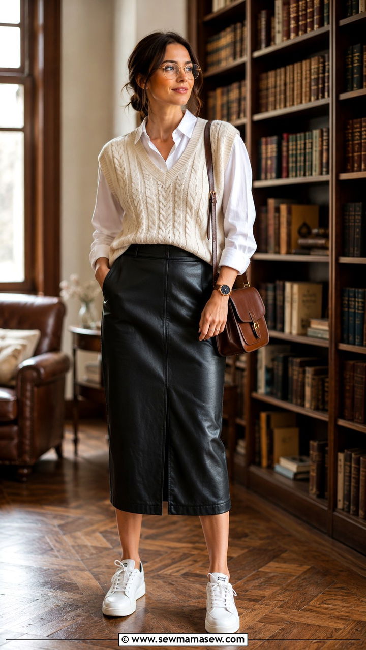 Leather midi skirt with knit vest and sneakers - 30 Leather skirt outfit ideas with sneakers