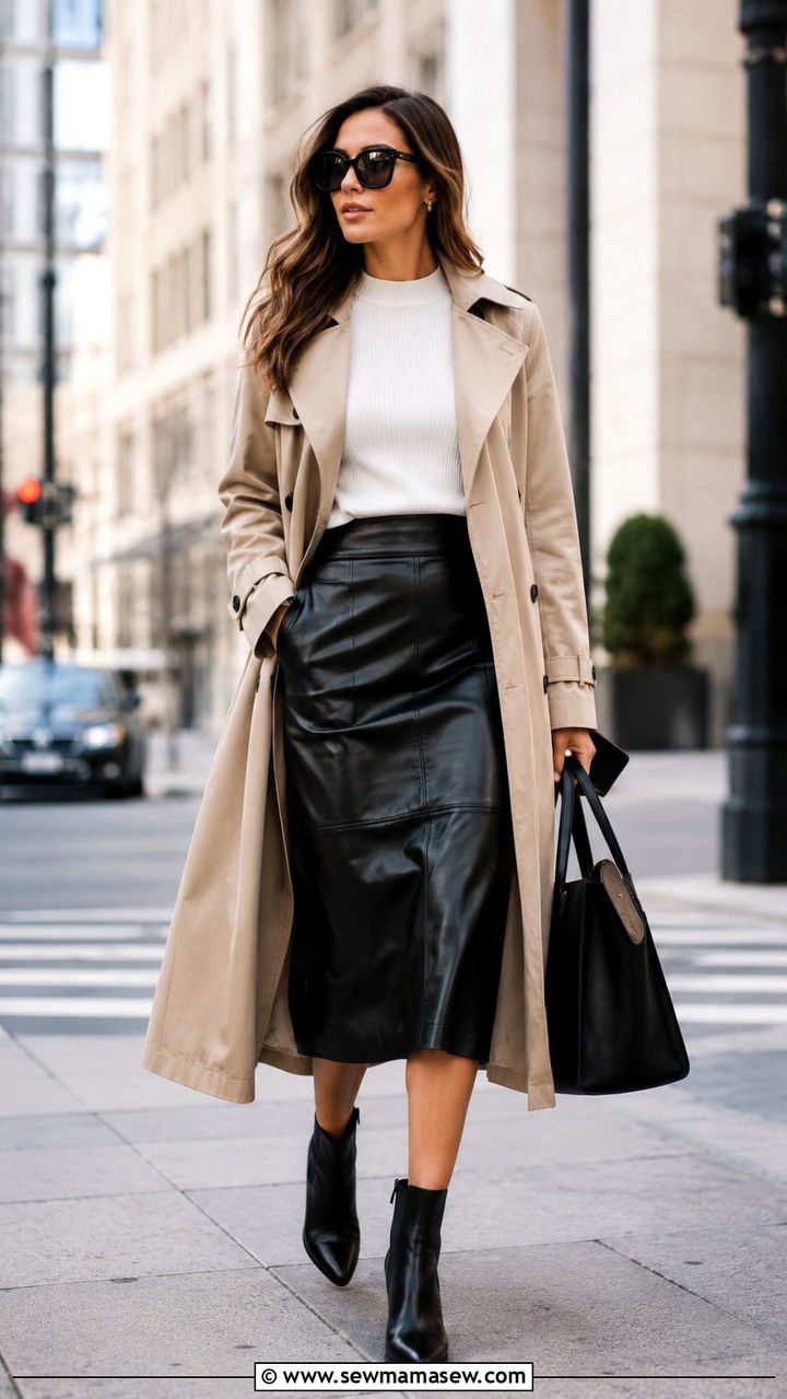 Leather midi skirt with trench coat and heeled Chelsea boots - 30 Leather skirt outfit ideas with boots
