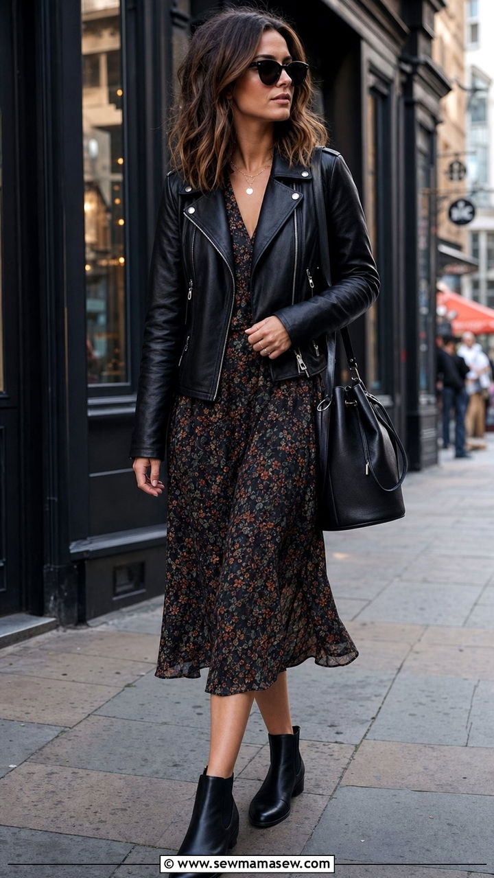 Leather moto jacket and floral midi dress with a black bucket bag - 35 Bucket bag outfit ideas