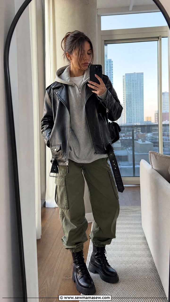 Leather moto jacket layered over a hoodie and cargo pants - 30 First cold day outfits