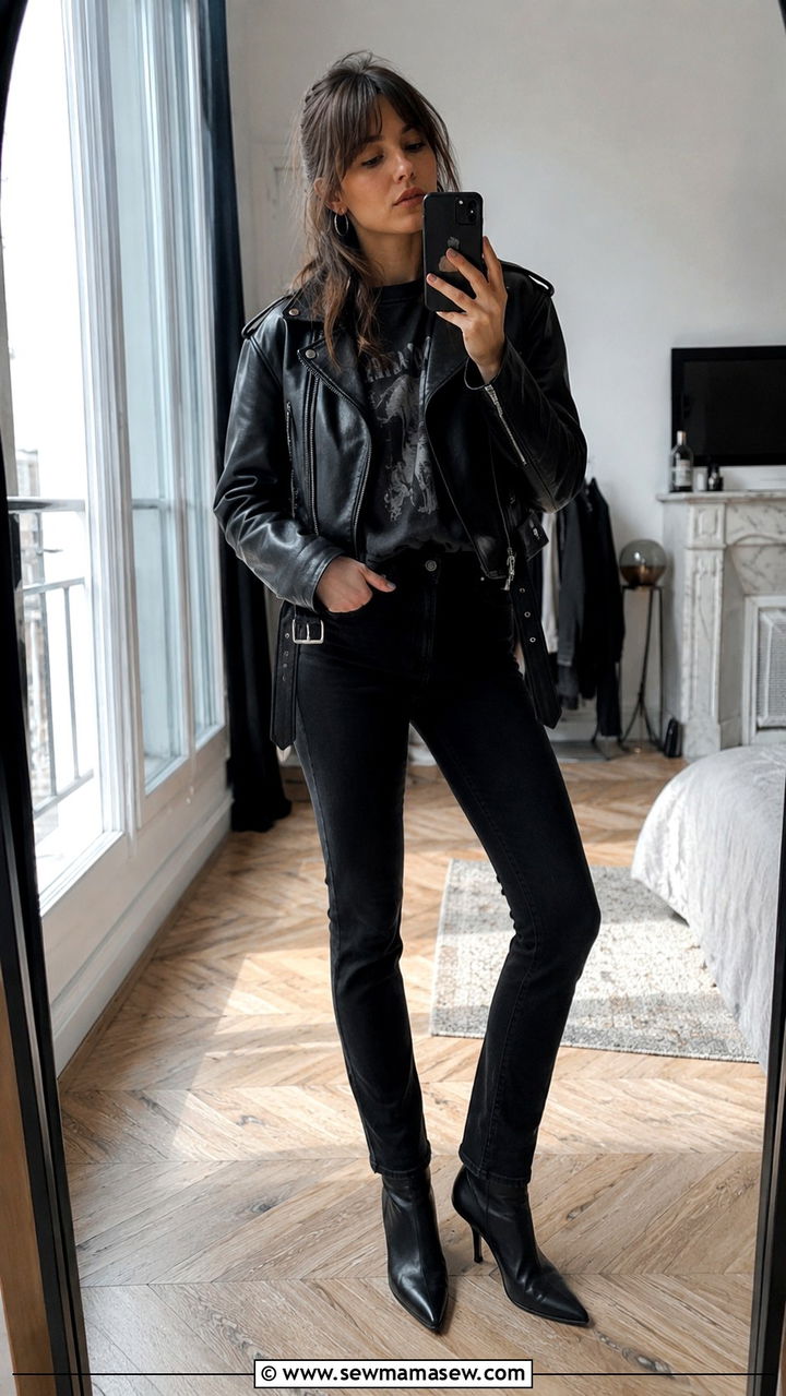 Leather moto jacket with a graphic tee and slim jeans - 20 French girl outfit ideas Francoise Hardy
