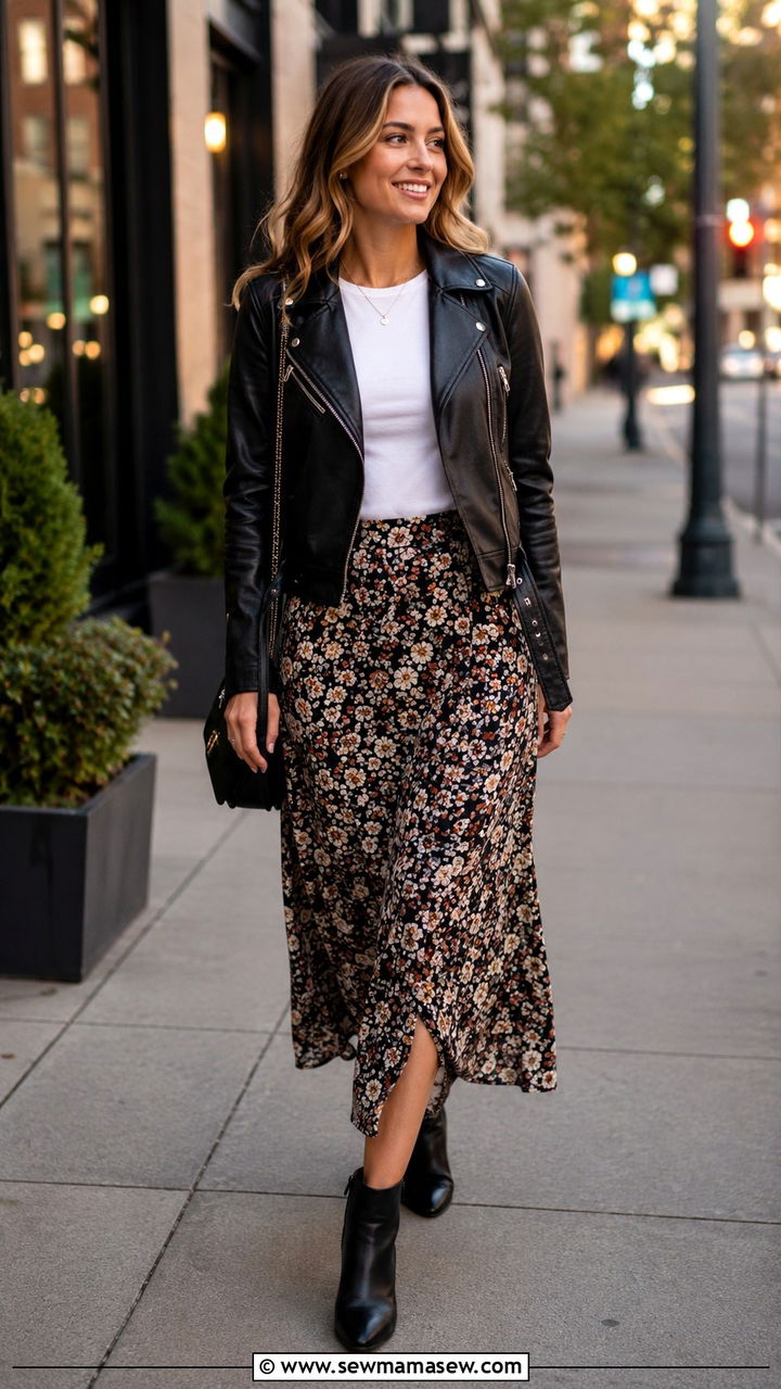 Leather moto jacket with floral midi skirt - 25 nurse off duty outfit ideas