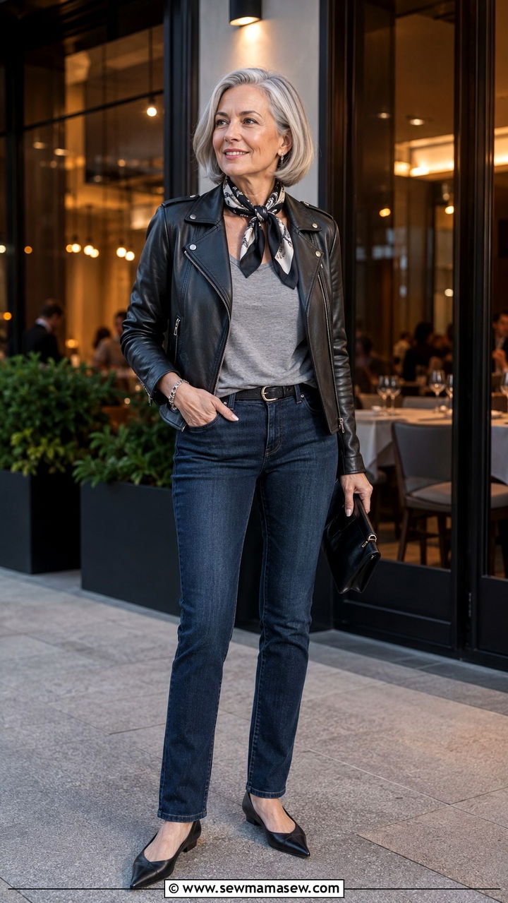 Leather or moto jacket with dark wash denim and pointed toe flats - 25 Outfit ideas for women over 50 elevated casual