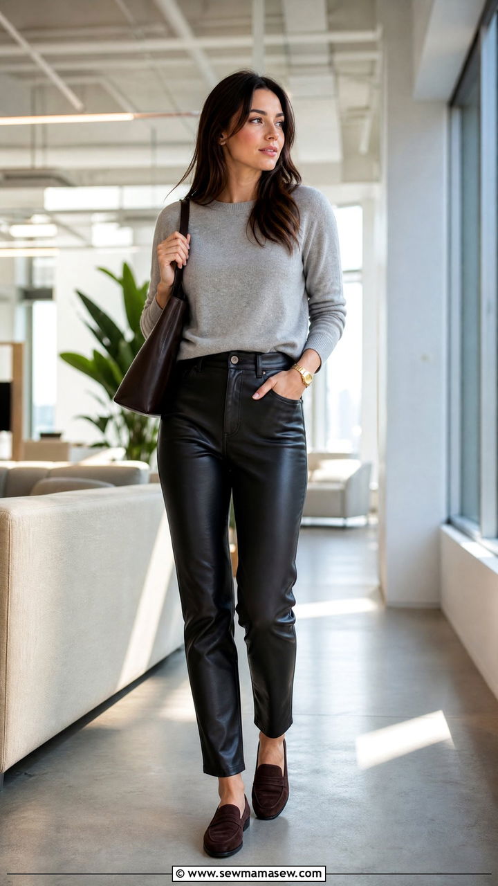 Leather pants and cashmere sweater outfit - 25 Leather pants outfit ideas for work