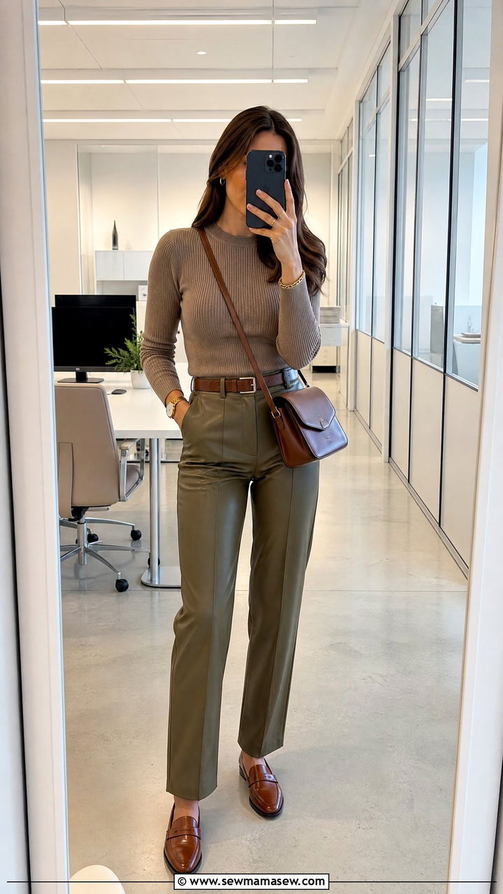 Leather pants and knit top with loafers - 25 Leather pants outfit ideas for work
