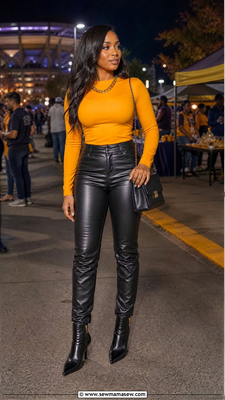 Leather pants outfit with school spirit top - 25 Gameday outfit ideas HBCU