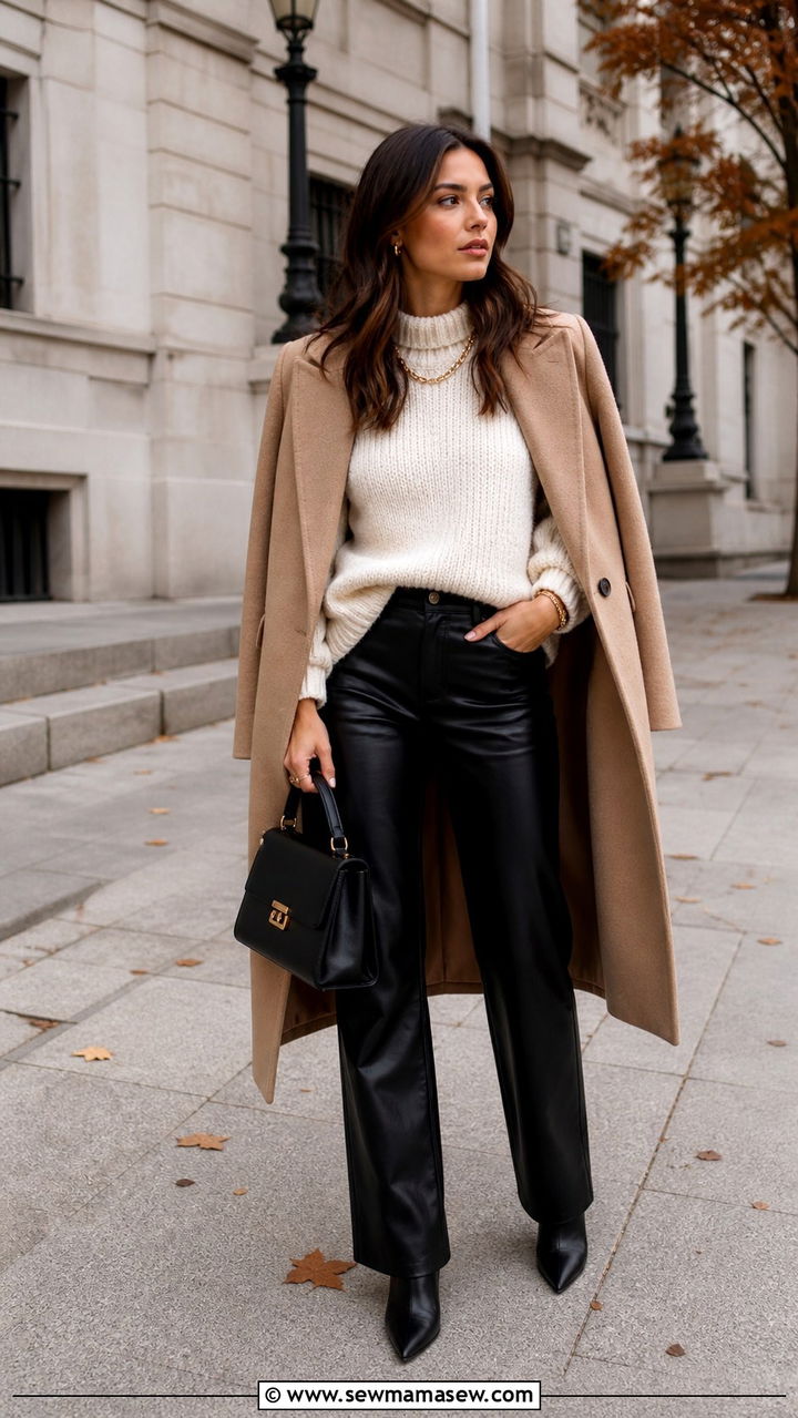 Leather pants with a cream sweater brunch outfit - 40 Chic brunch outfit ideas