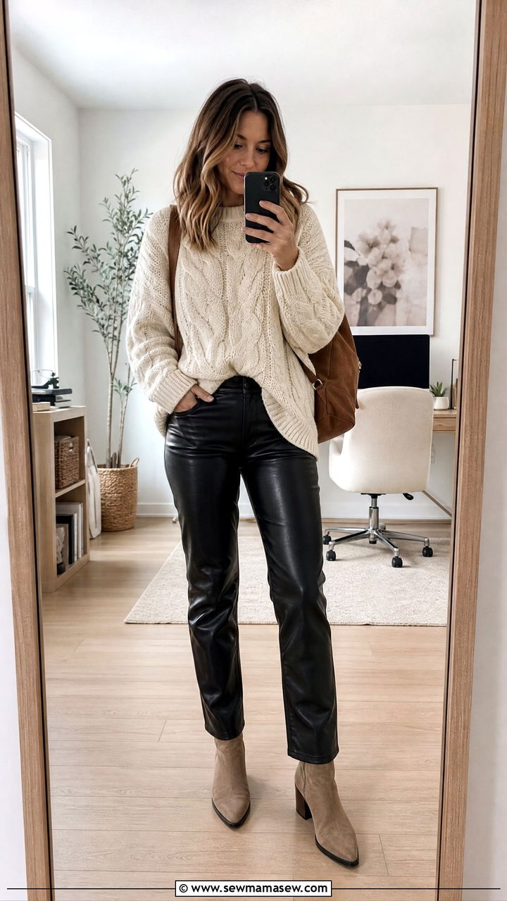 Leather pants with chunky pullover work look - 25 Leather pants outfit ideas for work