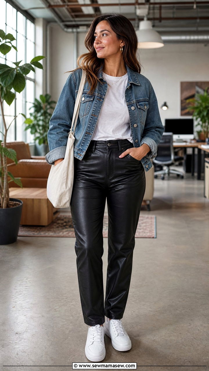 Leather pants with denim jacket casual Friday - 25 Leather pants outfit ideas for work