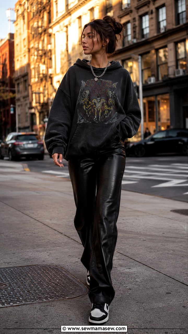Leather pants with oversized band hoodie and sneakers - 30 grunge outfits to copy