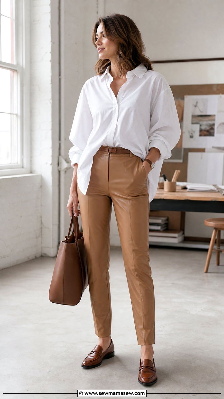 Leather pants with oversized button down shirt - 25 Leather pants outfit ideas for work