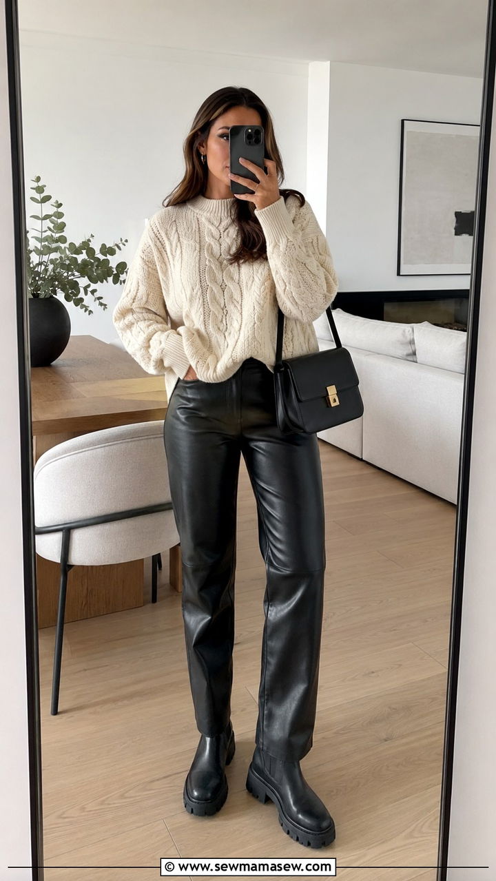 Leather pants with oversized sweater - 30 Grown woman outfit ideas