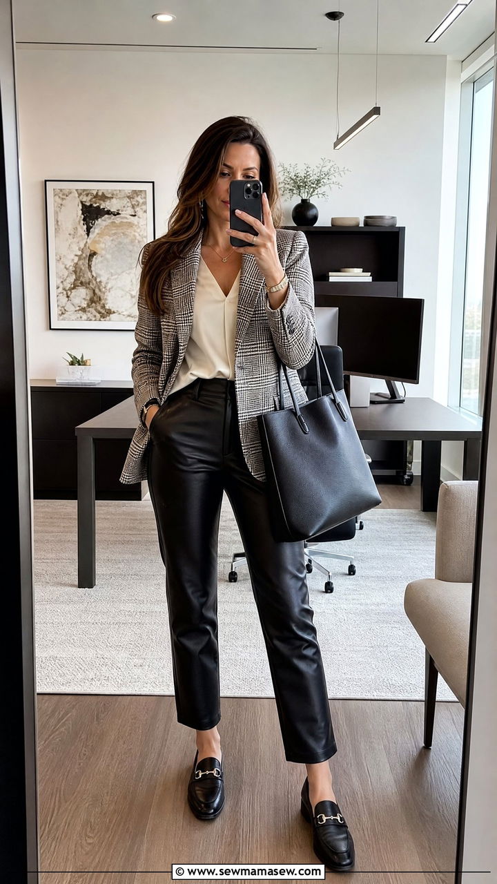 Leather pants with plaid blazer work look - 25 Leather pants outfit ideas for work