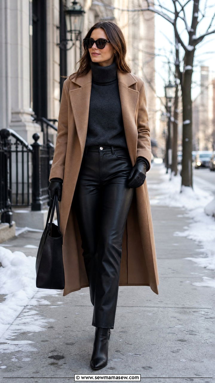 Leather pants with wool coat winter work look - 25 Leather pants outfit ideas for work